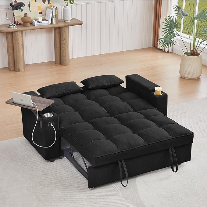 66" Multi-Functional Pull-Out Sofa Bed with Hidden Side Table, Storage Armrests, Built-in Charging Port, Spring Mattress, Solid Wood Frame – Ideal for Small Spaces, Easy Assembly