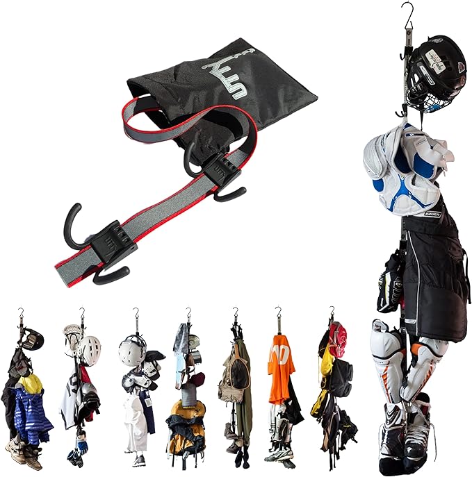 UTTY Hanging Multipurpose Portable Hockey Drying Rack - Durable Gear Keeper & Sports Equipment Organizer - 6 Durable Adjustable Hooks Support Light to Heavy Weight for Home, Travel & Outdoor Use