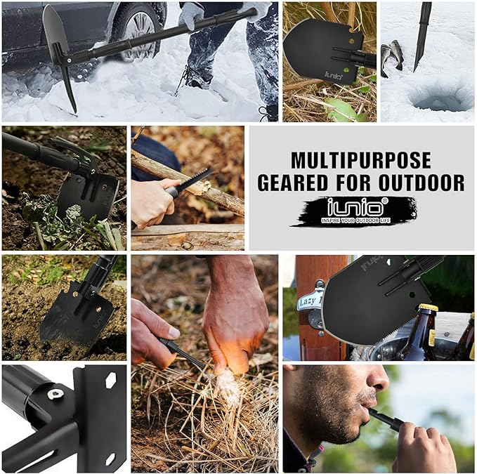 iunio Camping Shovel,Shovel Folding, Portable, Multitool, Foldable Entrenching Tool, Collapsible Spade, for Backpacking, Trenching, Hiking, Survival, Car Emergency
