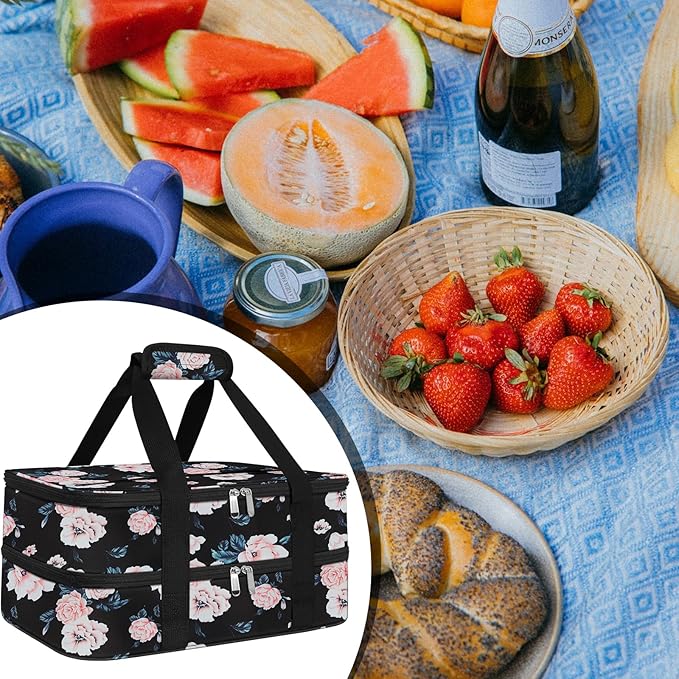 esouler Double Insulated Casserole Carrier Bag Hot & Cold Food Carrier Bag Lasagna Holder Lunch Bag for Picnics, Parties, Travel, Fits 9 x 13 Inches Casserole Dish-Flower