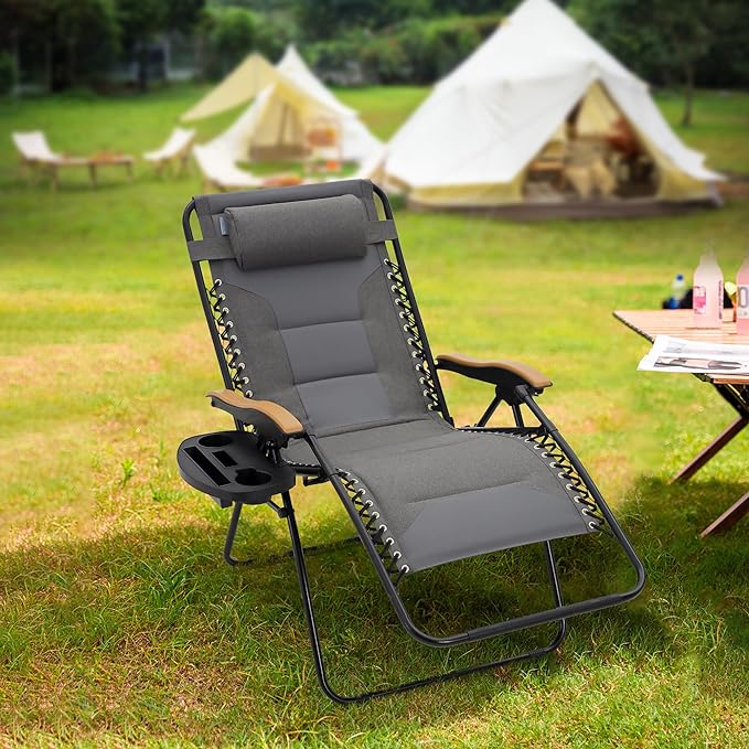 PHI VILLA XXL Oversized Padded Zero Gravity Chair, Foldable Patio Recliner, 30" Wide Seat Anti Gravity Lounger with Cup Holder, Support 400 LBS (Gray)