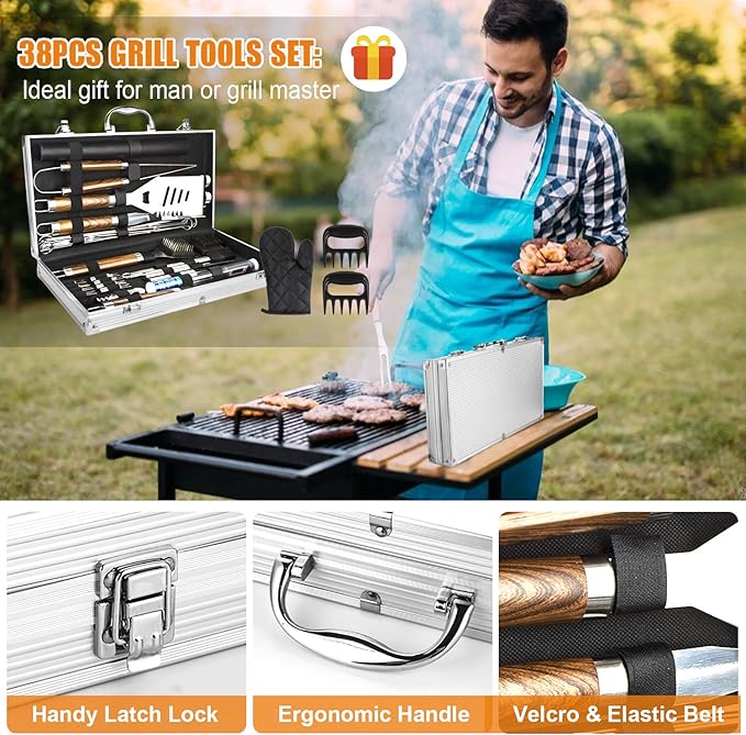 BBQ Grill Accessories Set, 38Pcs Stainless Steel Grill Tools Grilling Accessories with Aluminum Case, Thermometer, Grill Mats for Camping/Backyard Barbecue, Grill Set for Men Women