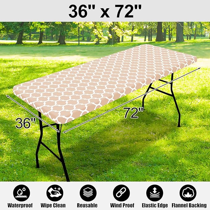 Smiry Rectangle Picnic Table Cover, Waterproof Elastic Fitted Camping Tablecloths for 6 Foot Tables, Wipeable Flannel Backed Vinyl Tablecloth Protector for Indoor, Outdoor (Khaki, 36x72 Inches)