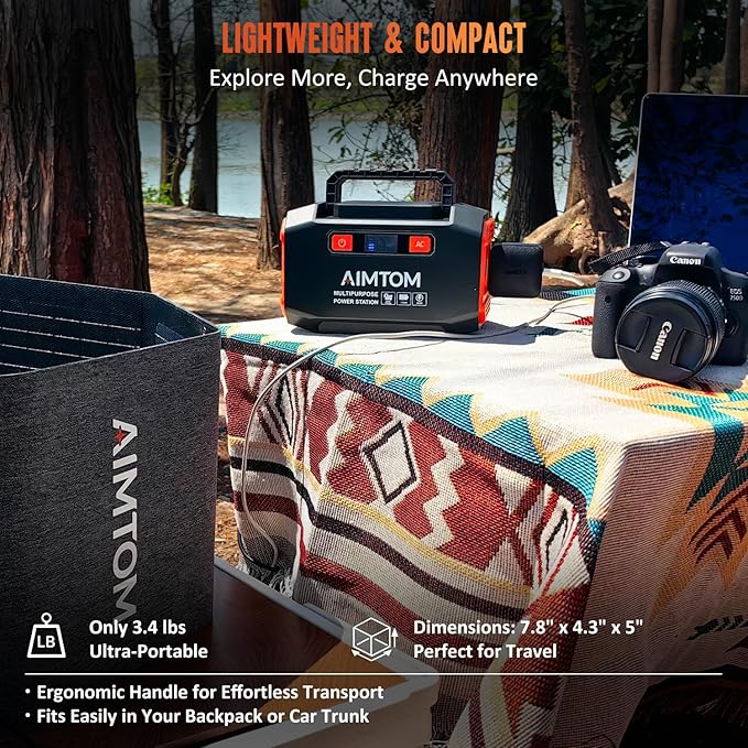 AIMTOM 200W Portable Power Station with 30W Solar Panel Bundle – 173Wh Lithium Battery, 250W Peak AC, USB-A, USB-C and 12V DC Outputs, High-Efficiency Solar Generator for Camping RV Emergency Backup