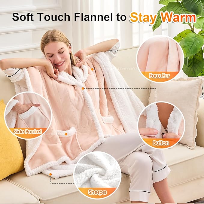 greenoak Wearable Heated Throw Blanket Electric Shawl - Heated Robe Poncho Blanket Hoodie for Adult, Winter Gifts for Mom Women Girlfriend Grandma, Warm Sherpa with Pockets, 5-Position Timer,Pink