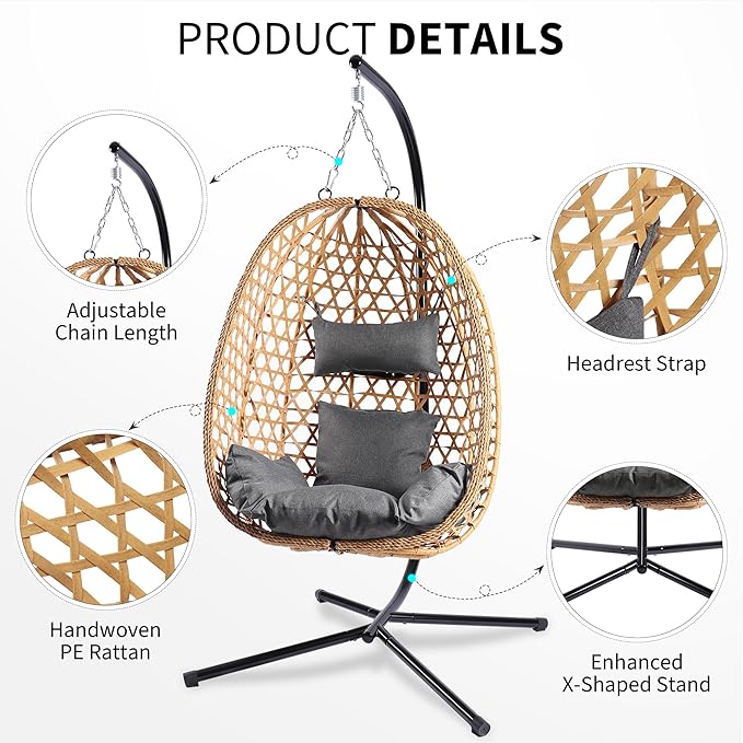 Egg Chair with Stand, Patio Wicker Hanging Chair, Hammock Swing Chair, 350LBS Capacity for Bedroom, Balcony, Garden (YE-GR)