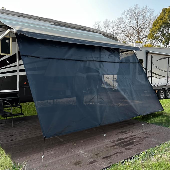 RV Awning Sun Shade Screen 8'x11'3''(Fit for 12' Awning),Black Mesh Shade Screen with Zipper,Universal Trailer Camper Awning Screen with Complete Kits,Improves Shadow and Privacy.