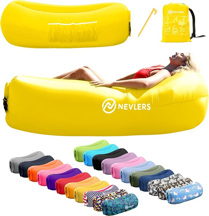 Nevlers Inflatable Lounger | 210T Polyester Inflatable Chair | No-Pump Blow Up Couch | Camping Couch Air Sofa Bed w/ 450 lbs. Cap., Pockets & Matching Bag | Use as Inflatable Couch for Adults & Kids