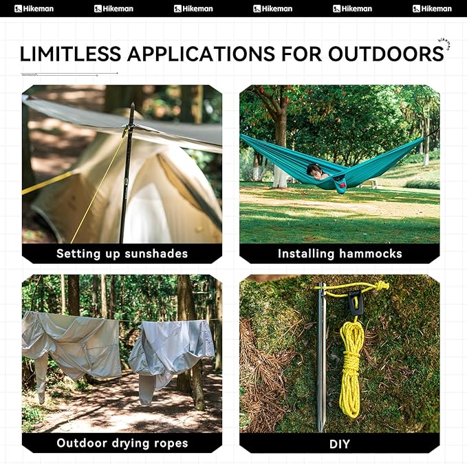 Hikeman Tent Guy Ropes 2mm-Ultralight Strong Guy Lines with Tensioner Reflective UHMWPE Fiber Tent Cord for Camping, Hiking, Backpacking Rope (Yellow, 65 Feet, 10 Tensioners)