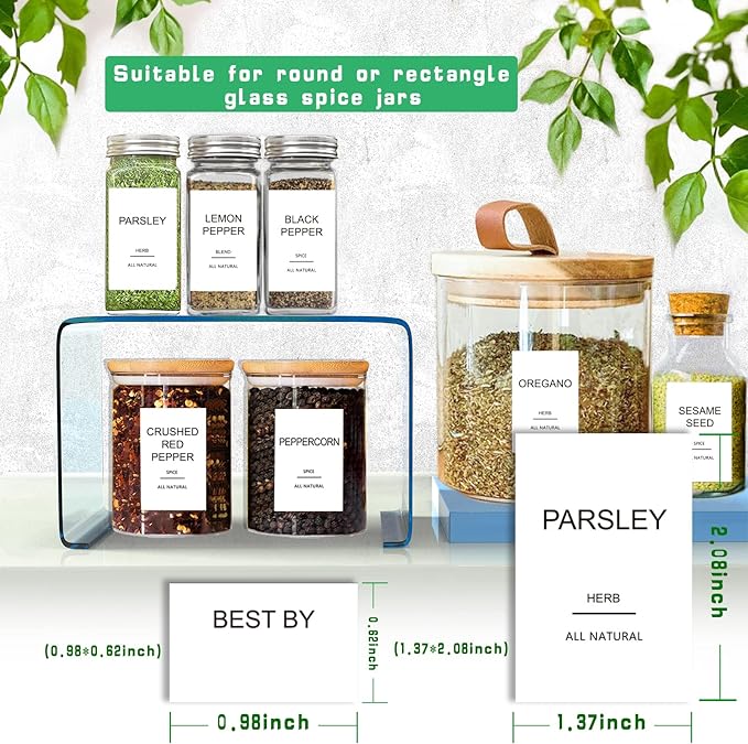 191 Spice Jar Labels Preprinted Minimalist Stickers - White Waterproof Label - Fit Round or Rectangle Spice Jars - Herb Seasoning Kitchen Pantry Labels
