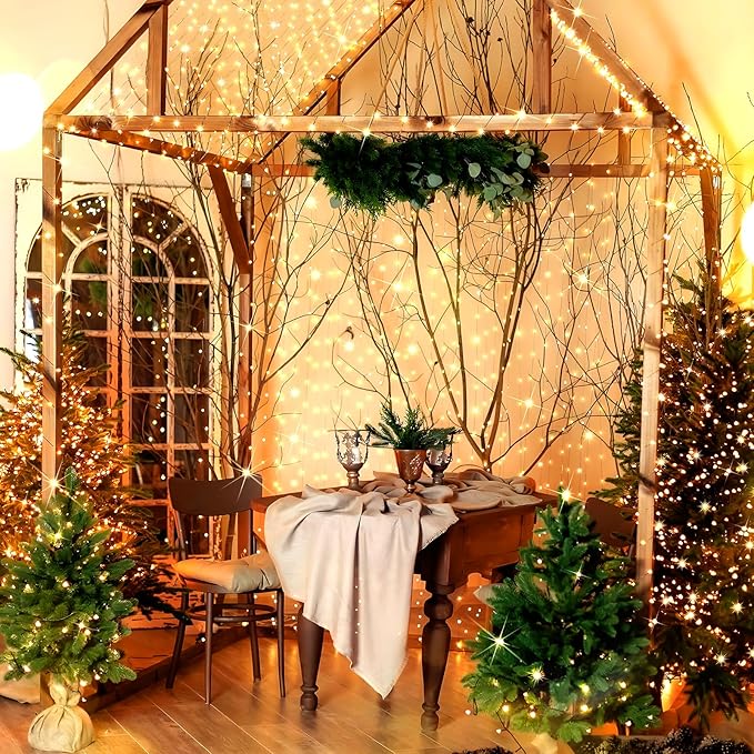 KNONEW 203FT 600 LED Outdoor Fairy Lights Plug in, Christmas Fairy Lights Outdoor Waterproof 8 Modes Memory Times for Wedding Bedroom Walls Garden Trees Decoration(Warm White)