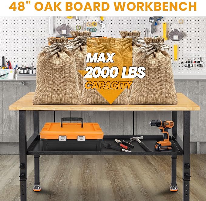 48"/60'' Adjustable Workbench, Rubber Wood Work Bench Heavy-Duty with Partition,2000 LBS Load Capacity Hardwood Work Table for Garage, Workshop, Home, Office, Easy Assembly (w/partition,48'')