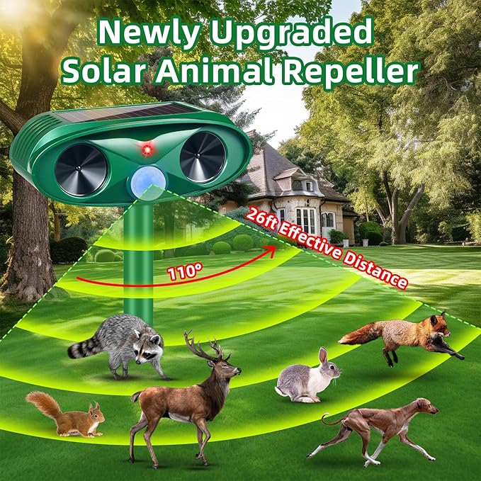 4 Pack 2025 Ultrasonic Solar Animal Repellent Outdoor, Squirrel Fortress Pro Deer Repellent Devices Motion Detection,Waterproof Repeller for Cat Mouse Raccoon Dog Rabbit,Garden Yard Protection