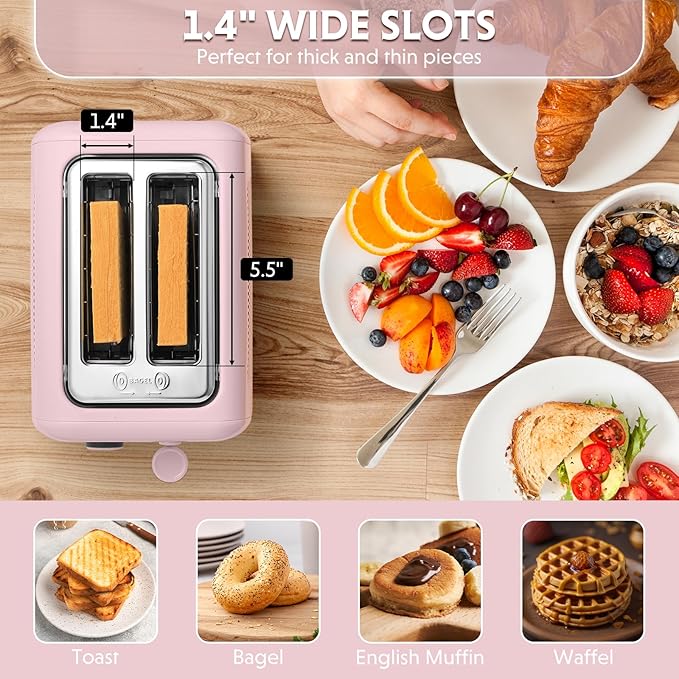 BUYDEEM DT620 2-Slice Toaster, Extra Wide Slots, Retro Stainless Steel with High Lift Lever, Bagel and Muffin Function, Removal Crumb Tray, 7-Shade Settings,Pink
