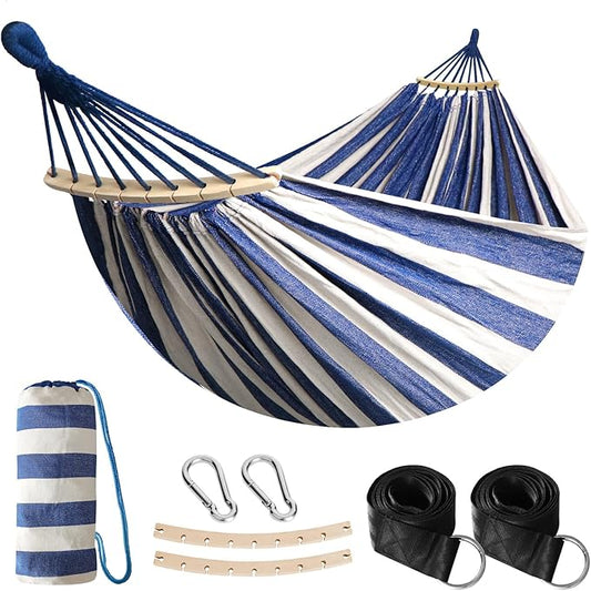 Anyoo Garden Cotton Hammock Comfortable Fabric Hammock with Spreader Bar Sturdy Hammocks Up to 450lbs Portable Lightweight Hammocks with Travel Bag for Camping Outdoor/Indoor Patio Backyard