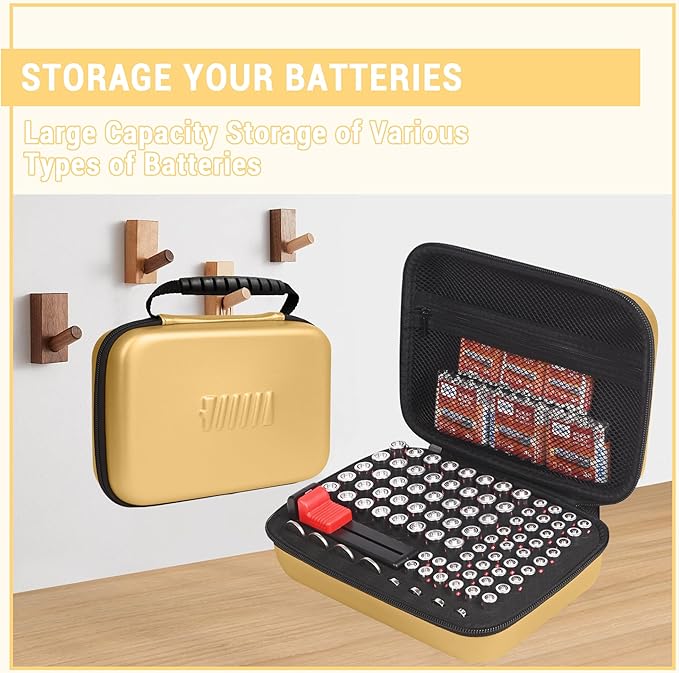 Battery Organizer Storage Case with Tester for AA AAA Button Battery Holder Carrying 3 Batteries Variety Pack 88 Batteries Zipper Mesh Bag (Batteries Not Included) (gold)