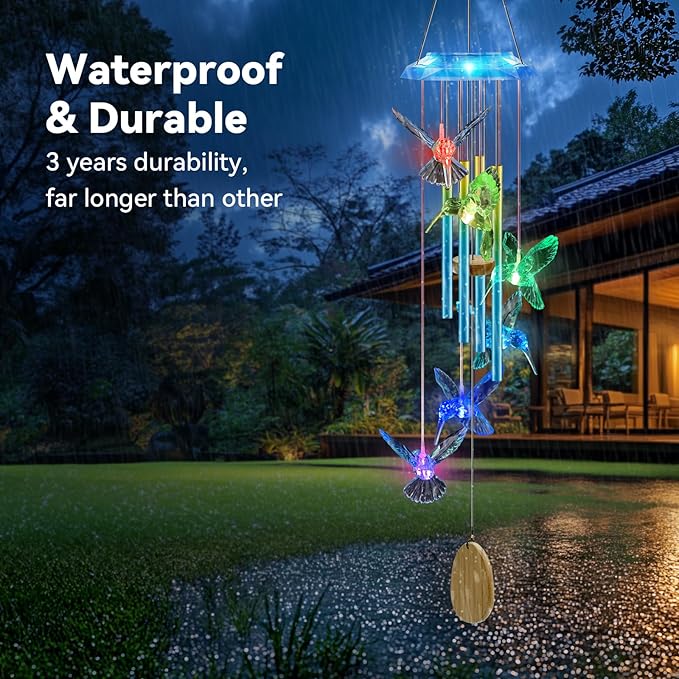 Wind Chimes,Hummingbird Solar Wind Chimes for Outside,Blue Gradation Aluminum Tubes Deep Tone Memorial Wind Bell for Garden/Patio Mobiles Decorative Gifts for Mom, Wife, Grandma Neighbors(37" Long)