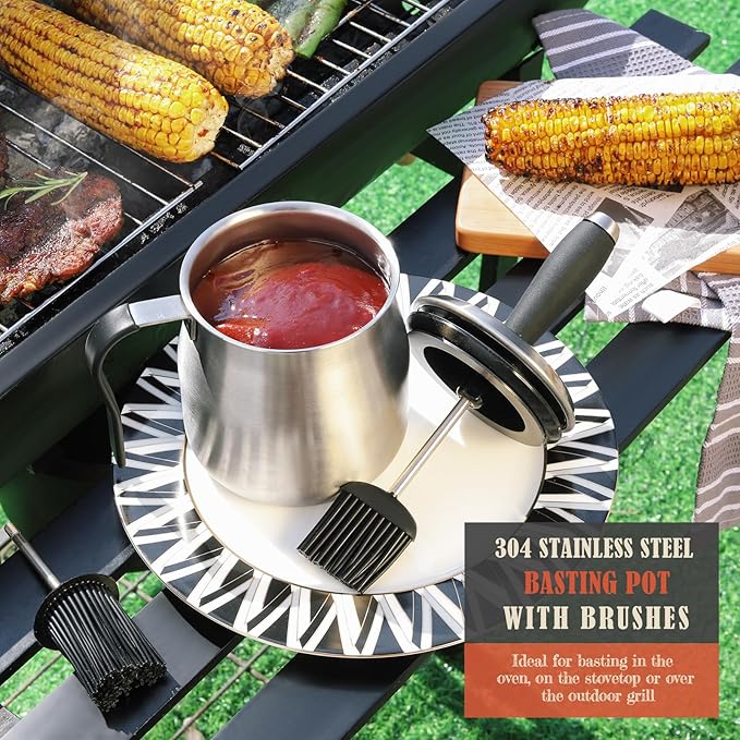 32 OUNCE Basting Pot with Replaceable Brushes，Grilling Gifts for Men&Dad，Stainless Steel 304 Barbecue Sauce Holder Brush Set，Airtight Melting Pot BBQ Sauce Container for Outdoor Grill，Butter Melting
