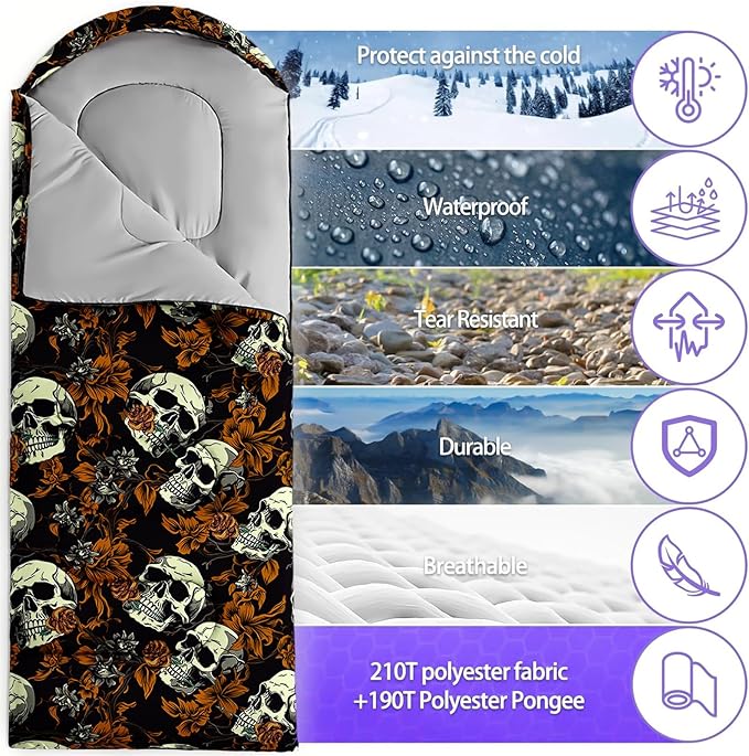 Sleeping Bags for Adults and Kids，3D Printing Camping Sleeping Bag for Girls Boys Lightweight Waterproof Cold/Warm 3-Season，Outdoor Travel with Compression Bags