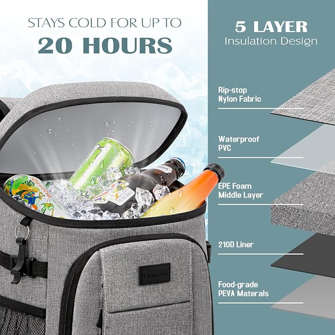 Tuwubi Cooler Backpack 35/42 Cans, Backpack Coolers Insulated Leak Proof for Men Women, Waterproof Soft Sided Lunch Camping Beach Travel Ice Chest Backpack Cooler Bag