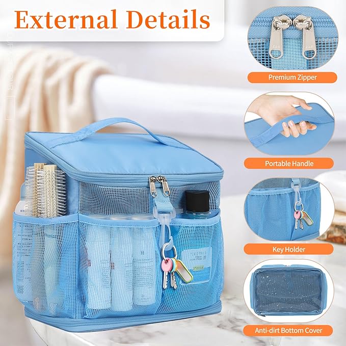 CUBETASTIC Shower Caddy Portable Mesh Shower Tote for Bathroom, Gym, Travel, Camping - Quick Dry Hanging Organizer Toiletry Bag with Handle for College Dorm Room, Men & Women (A# Blue, 9.8")