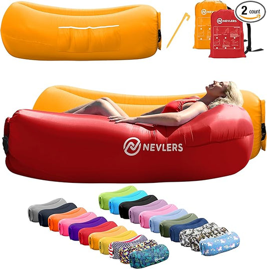 Nevlers 2 Pack Inflatable Loungers Air Sofa Couch | Perfect for Beach Chair Camping Chairs or Portable Hammock |Travel Bag Pouch, Pegs & 3 Pockets| Movie Seating & Camping Accessories Blow Up Lounger