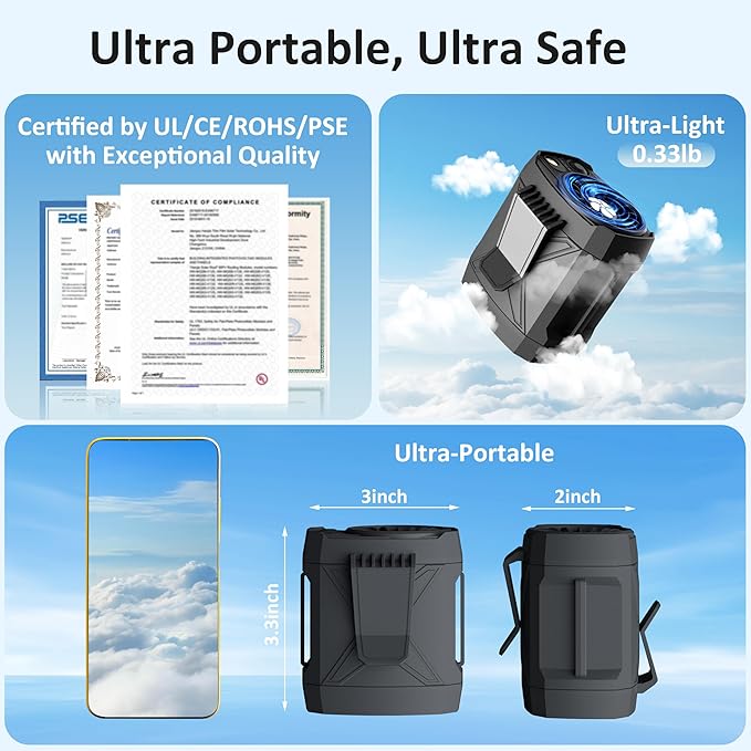 Portable Clip On Fan for Under Shirt, Waist Fan Clip On Belt, 4-in-1 Rechargeable Body Fans with LED Light, Phone Stand, Fast Charging 4-Speed Hip Personal Fans for Baby, Mowing, Work, Kitchen, Truck