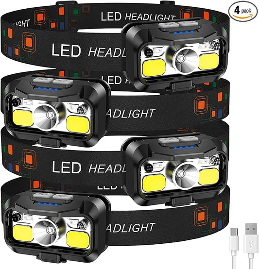 LHKNL Headlamp Rechargeable, Lumen Super Bright Motion Sensor Head Lamp Flashlight, Waterproof LED Headlight with White Red Light, 8 Mode Head Lights for Camping Cycling Running Fishing-4 Packs