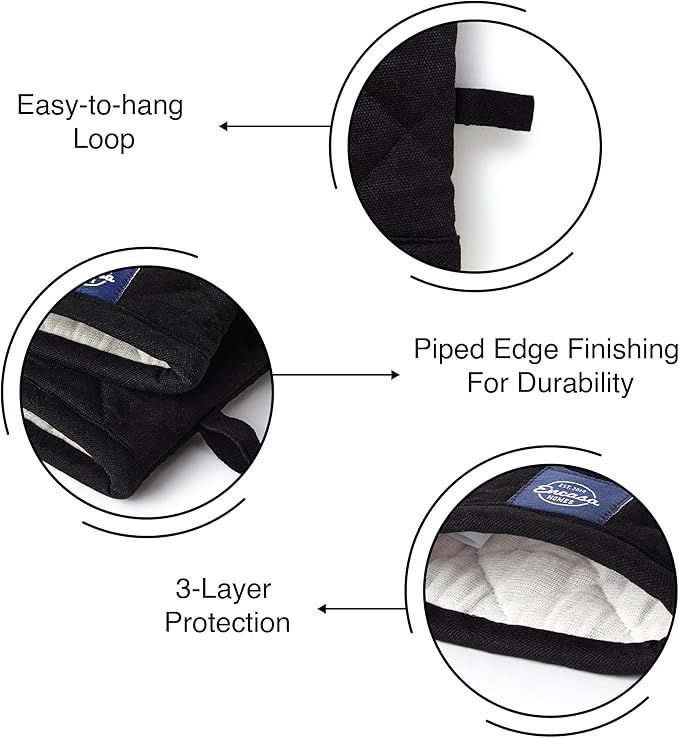 Encasa Heat Resistant Cotton Oven Gloves Mitts (2 Pc Set) - Quilted & Safe 12x7 in - for Kitchen, Cooking & Baking, Grilling, Handling Hot Pots & Pans - Full Black