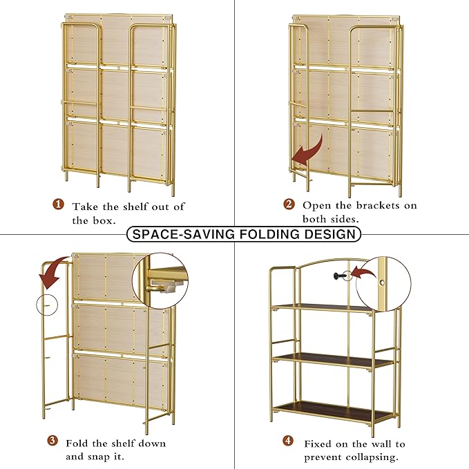 Crofy No Assembly Folding Bookshelf for Living Room, 3 Tier Gold Collapsible Book Shelf for Home Office, Portable Bookcase Storage Organizer