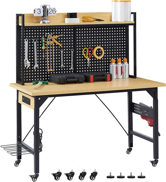 48'' Adjustable Workbench with Pegboard, Heavy Duty Wooden Desktop Workbench with Wheels, 2000 lb. Load Capacity, Rolling Workbench with AC/USB Outlet, Hooks, Shelf, for Garage, Workshop, Office, Home