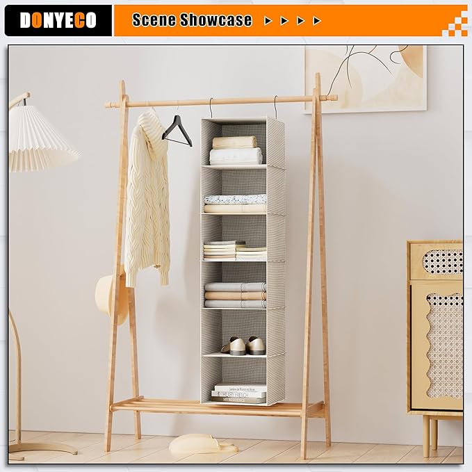 Hanging Closet Organizer, Easy Mount Foldable 6-Shelf Hanging Closet Wardrobe Storage Shelves, Clothes Handbag Shoes Accessories Storage, Imitation Linen Fabric, Beige Houndstooth