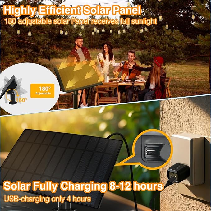 DAYBETTER 150ft Solar String Lights Outdoor Waterproof - 75 Bulbs 2700K Warm White with 7W Solar Panel, 12+ Hours Runtime & IP65 Weatherproof - Garden Patio Lights for Backyard, Wedding, Camping