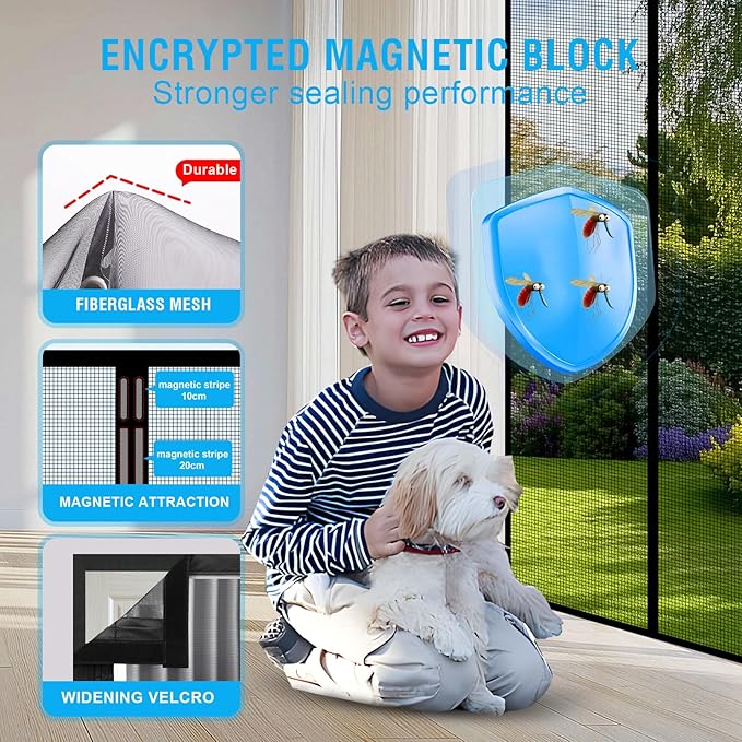 Fiberglass Magnetic Screen Door for 36''x96'' Doors, Screen Size 38"x97" Self-Sealing with Strong Magnets,Anti-Tearing Reinforced Fiberglass Mesh–Keeps Bugs Out–Perfect for Front,Sliding Doors