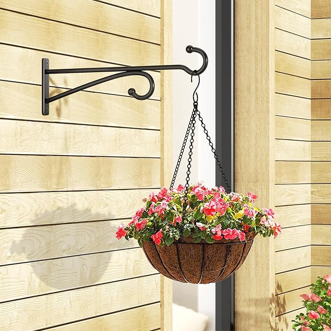 10" Plant Hanger Hook Outdoor Indoor ??Planter Hooks for Hanging Plants, Plant Wall Hooks, Brackets for Hanging Plants, Baskets, Wind Chimes, Bird Feeders, Lanterns, Bird Houses (Black, Metal, 2-Pack)