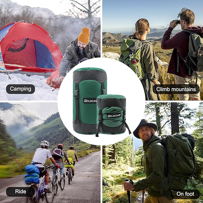 GoldCamp compression stuff sack for Ultralight sleeping bag, space saving gear with dust flap,18L/30L/43L/49L/65L Compression Stuff Sack, Waterproof, Camping, Travel, Outdoor, Backpacking(Green, M)