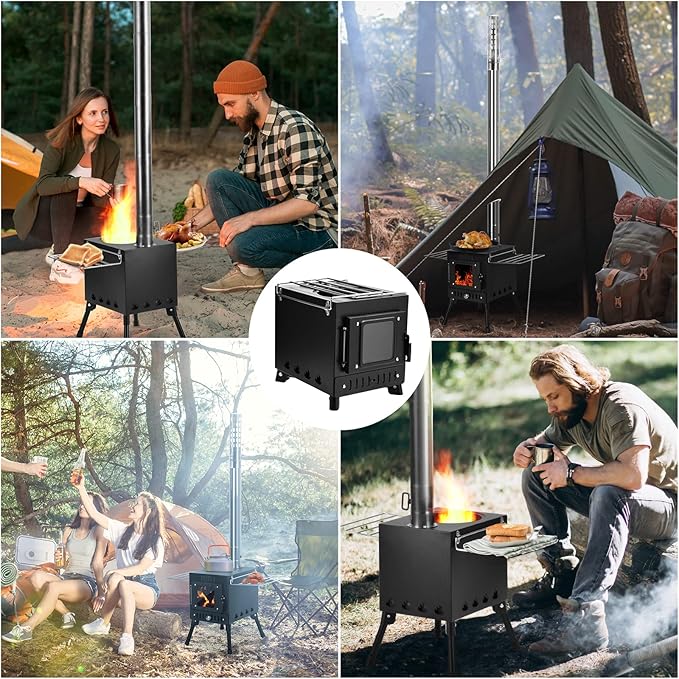 Wood Burning Stove, Wood Stove With Chimney Pipes, Small Camping Wood Stove With Anti-Spark and Adjustment Pipe for Hunting,fishing,Cooking,Heating,Drying Clothes double-layer Hot Tent Stove