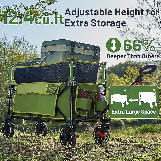 TIMBER RIDGE 350L Extra Large Collapsible Folding Wagon Carts with Brake, Heavy Duty Outdoor Camping Utility Wagons with Extended Height, Adjustable Handle, Cup Holders, Side Bag(Green)