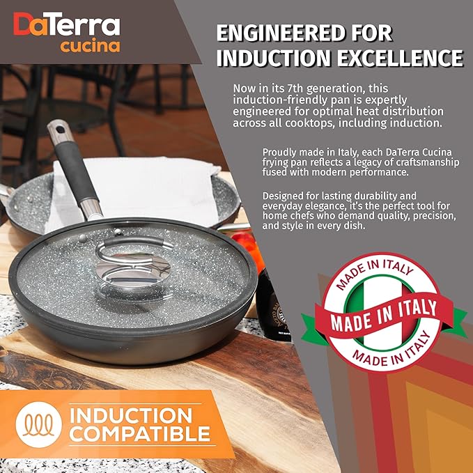 DaTerra Cucina 11" Nonstick Ceramic Frying Pan with Lid – Oven & Induction Safe, High Heat Resistant Nonstick Cookware, Dishwasher Safe, Durable & Stylish - Volcanic Black Speckled – Made in Italy