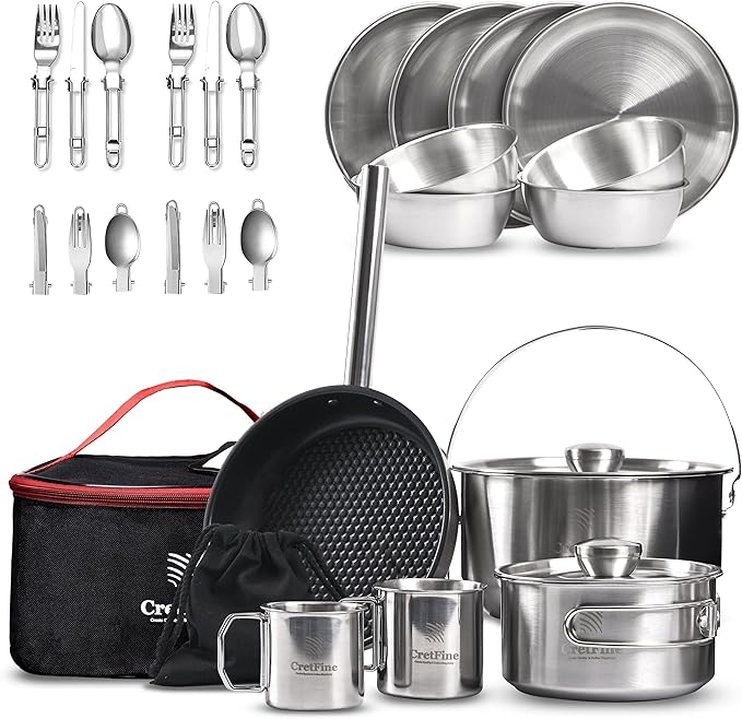 CampPro Camp Cooking Set for 4-8, Stainless Steel Camping Cookware Set, Camping Equipment with Carring Bag, Camping Pots and Pans Set for Campfire Cooking & RV & Backyard Picnic