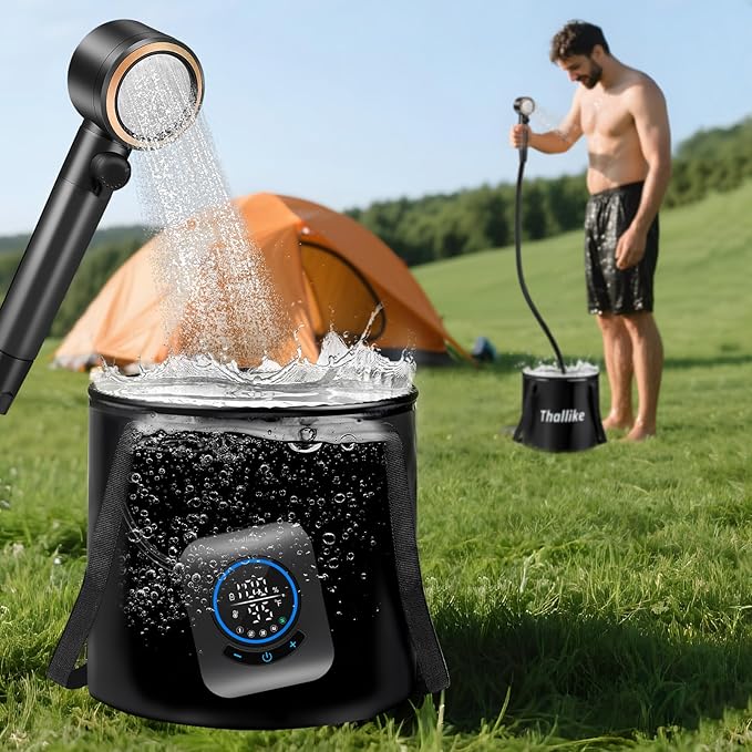 Upgraded Portable Shower with Heater, 1500W Immersion Heated, 8000mAh Rechargeable Camping Shower Pump with LED Display, IPX8 Waterproof Lightweight Outdoor Shower Pump Kit for Hiking, Travel, Car