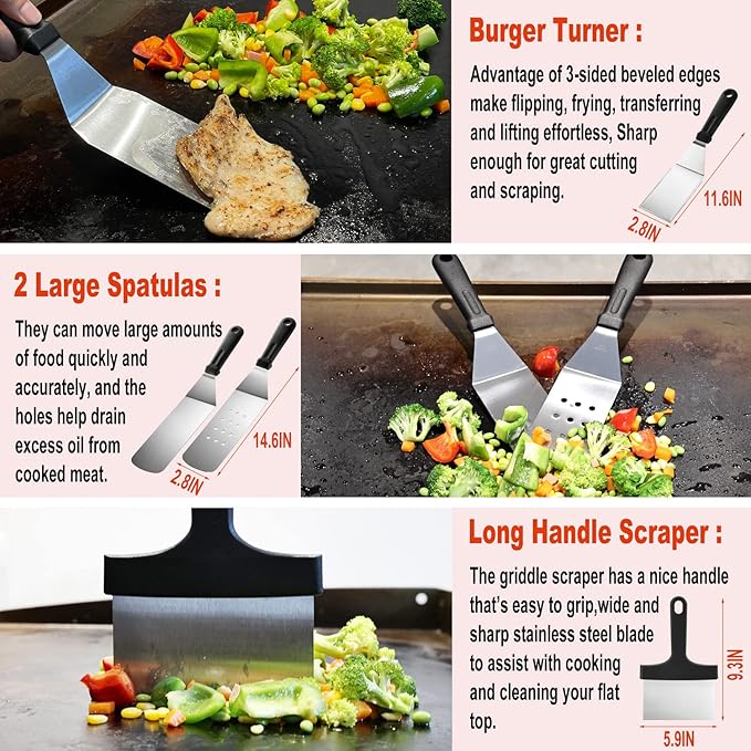 37PC Flat Top Grill Accessories Set - Must Have for Your Outdoor with Professional Griddle Spatula, Cleaning Kit, Grill Basting Cover - Ideal Griddle Gift for Men Women