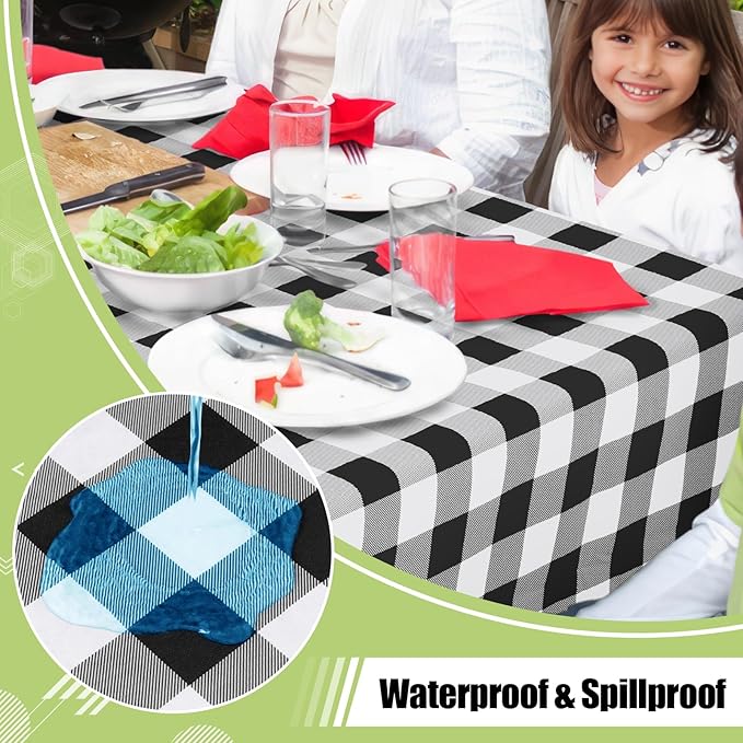 Smiry Rectangle Table Cloth, Waterproof Vinyl Tablecloth with Flannel Backing, Wipeable Buffalo Plaid Table Cover for Dining, Indoor and Outdoor (Black & White, 60"x102")
