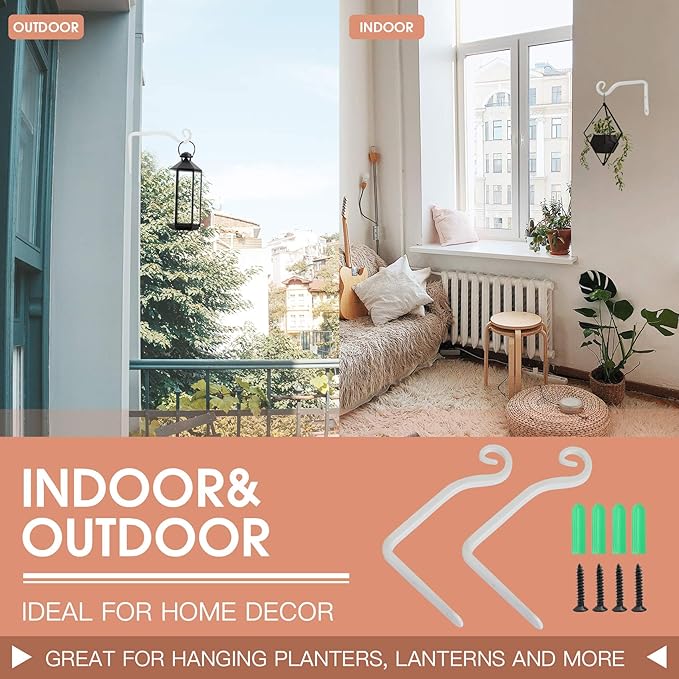 Jardim 2 Pack 6 Inch Premium Decorative Metal Iron Wall Hook, Indoor Outdoor Plant Hanger, Rustic Hanging Gardening Bracket Hook, for Planters, Bird Feeders, Lanterns, Wind Chimes (White)