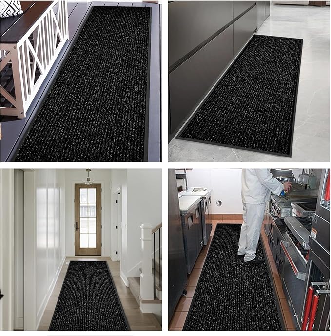 fani Heavy Duty Large Outdoor Indoor Entrance Black Doormat Waterproof Low Profile Entrance Rug Front Door Mat Patio Anti-Skid Rubber Back, 48x96 inch (Black)