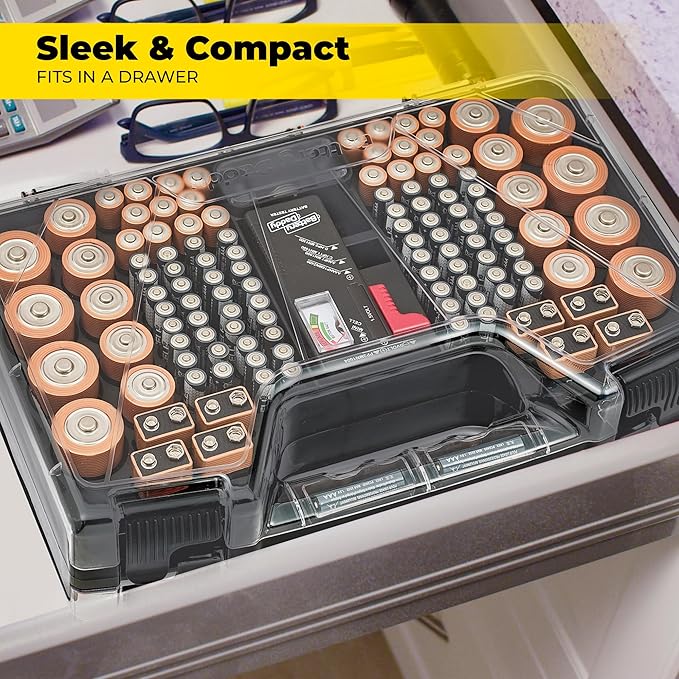 Ontel Battery Daddy Storage & Organizer Case with Tester, Stores & Protects Up to 180 Batteries, Double-Sided, Durable Design W/Clear Locking Lid, Secure Latches & Portable Carrying Handle - Charcoal