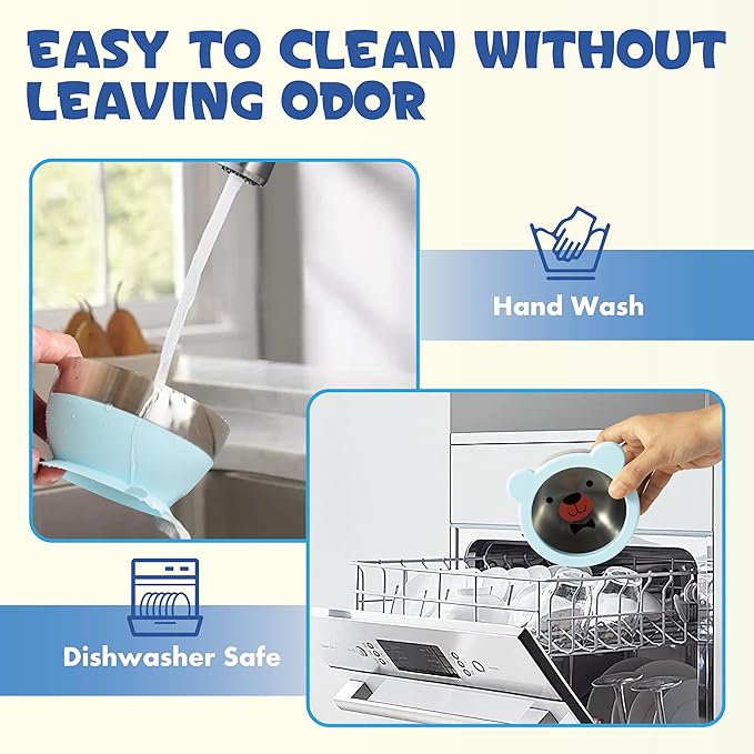 MR. CHOU Suction Baby Bowl Set with Spoon & Fork, Double-Wall 18/8 Stainless Steel Toddler Bowls with BPA Free Airtight Lids, Food Grade Infant Self-Feeding Bowl, First Stage Led Weaning Supplies Blue