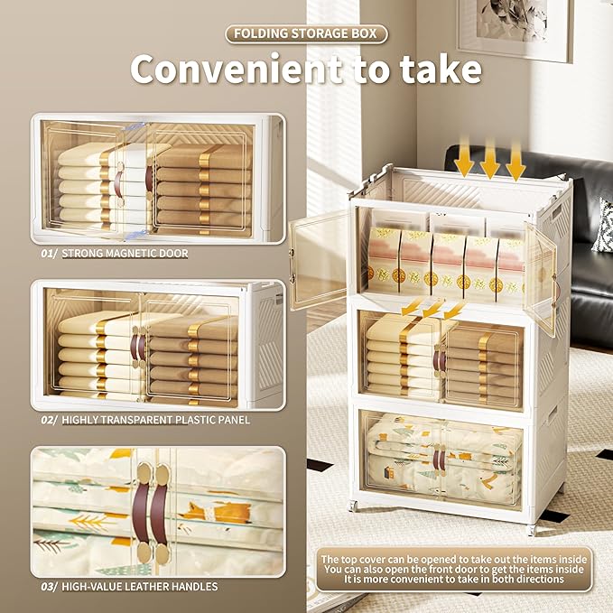 400 QT / 100 Gal Collapsible Storage Bins with Wheels & Magnetic Doors - Stackable Plastic Cabinet Organizer for Home, Garage, Closet (White Space-Saving Containers)