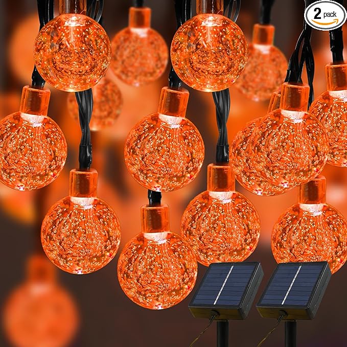 Solar Lights Outdoor Waterproof, 2 Pack Total 200LED 110FT Solar String Lights for Outside with 8 Modes, Outdoor String Lights Crystal Globe Patio Lights for Garden Yard Party Decor(Orange)