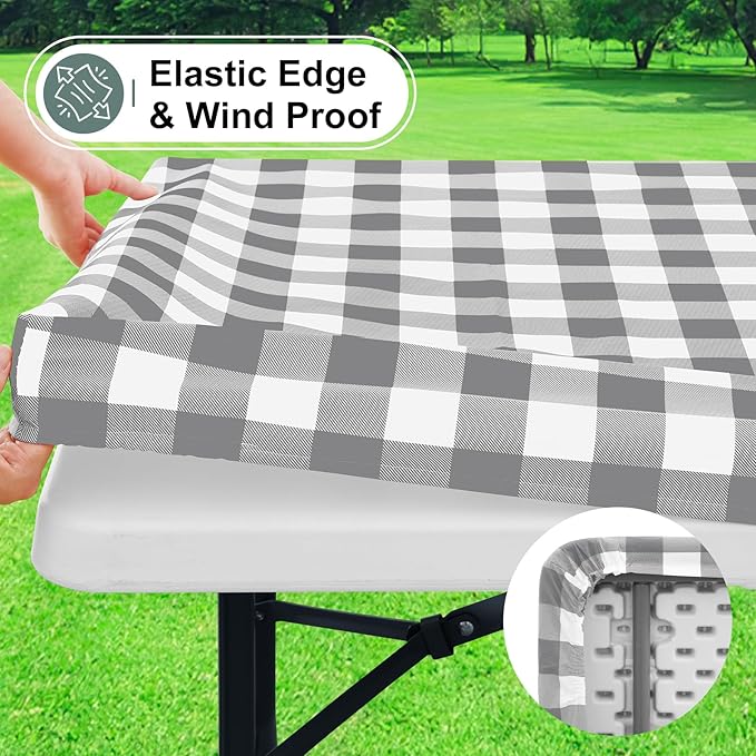 misaya Buffalo Rectangle Picnic Tablecloth, 6 Foot Elastic Fitted Vinyl Table Cloth with Flannel Backing, Waterproof Plaid Table Covers for Dining, Camping, Outdoor (Grey and White, 30" x 72")